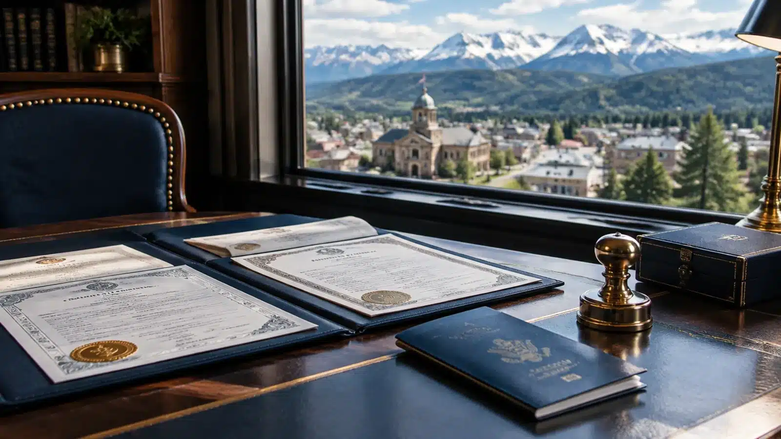 Wyoming Vital Records Apostille: Mail, Check and Original Signatures 2 Wyoming vital records envelope, courier box and passport on a desk with open prairie and mountains outside the window