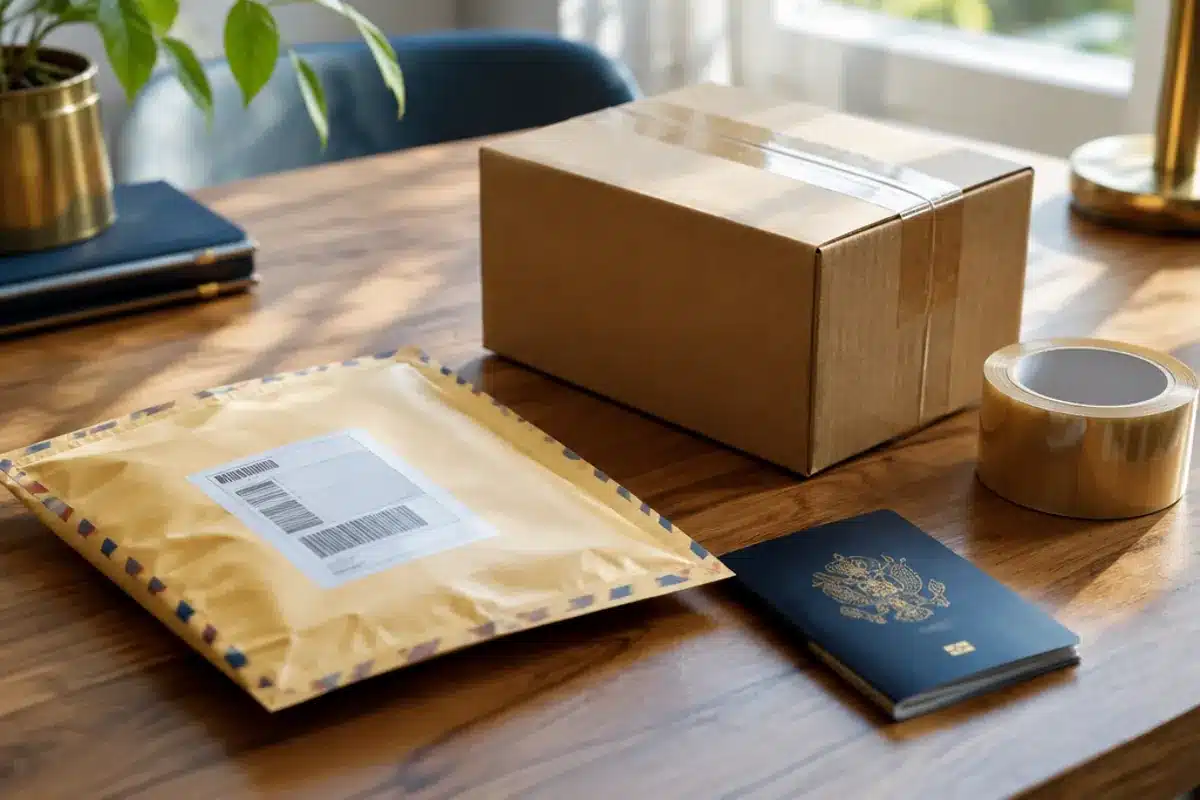 Apostille for American Expats: The US-Side Checklist 3 US birth certificate, FBI report and courier envelope laid out for an apostille order from overseas